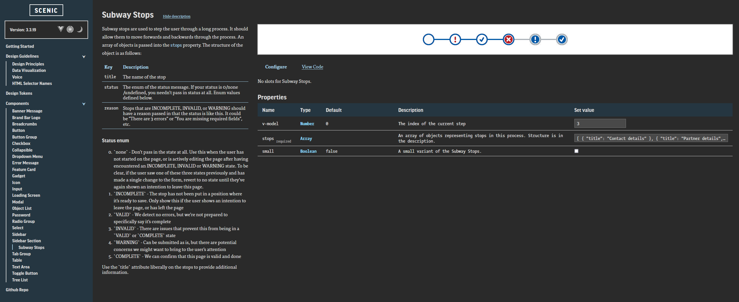 An example of a component documentation page in the Scenic Design System.