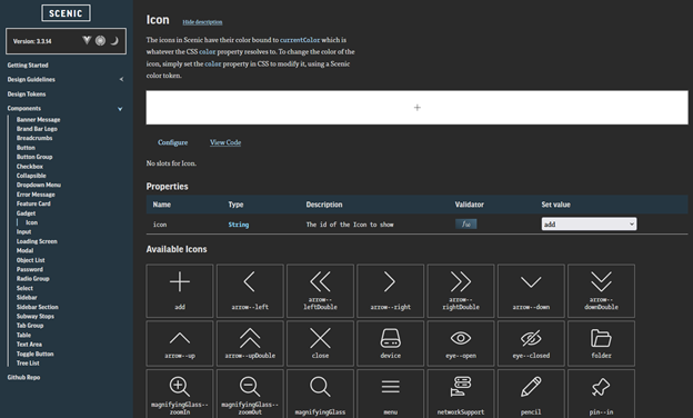 A page in the documentation website showing all possible icons