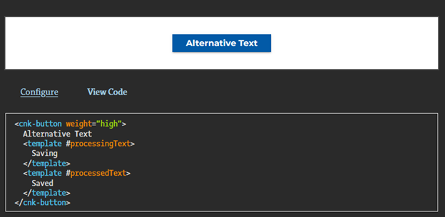 A code snippet in VueJS the developer can copy and paste. It mirrors all the options selected in the documentation playground.